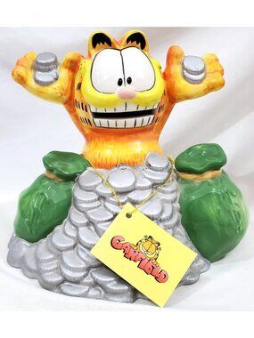 VTG Westland GARFIELD Too Rich ceramic piggy BANK cat sitting on coin money pile
